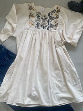 Boho Embroidered Peasant Dress cream Folk Cottagecore